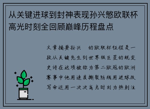 从关键进球到封神表现孙兴慜欧联杯高光时刻全回顾巅峰历程盘点 从关键进球到封神表现孙兴慜欧联杯高光时刻全回顾巅峰历程盘点